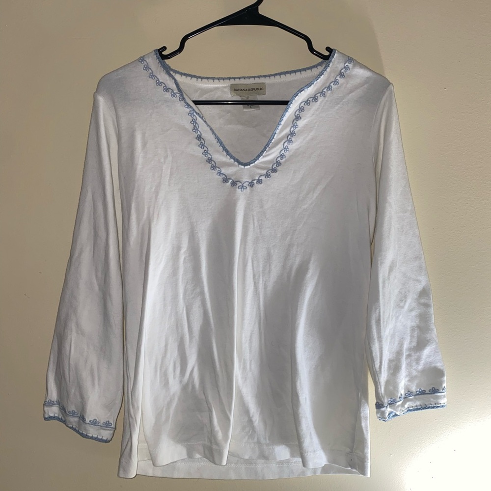 Banana Republic White Long Sleeve Top with Blue Trim